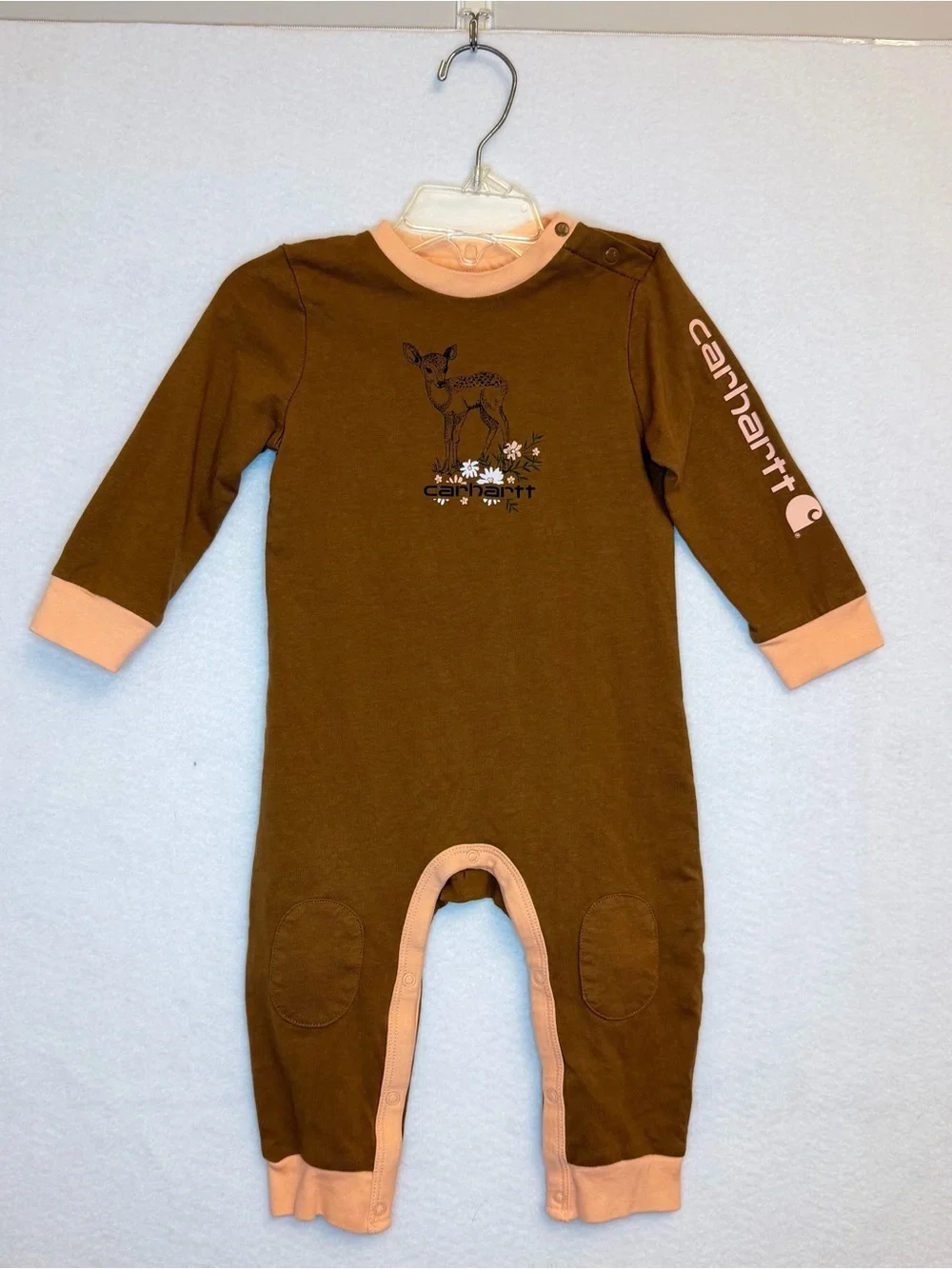 Carhartt Baby 9M Deer Floral Long Sleeve Coverall Brown Pink Fall 100% Cotton